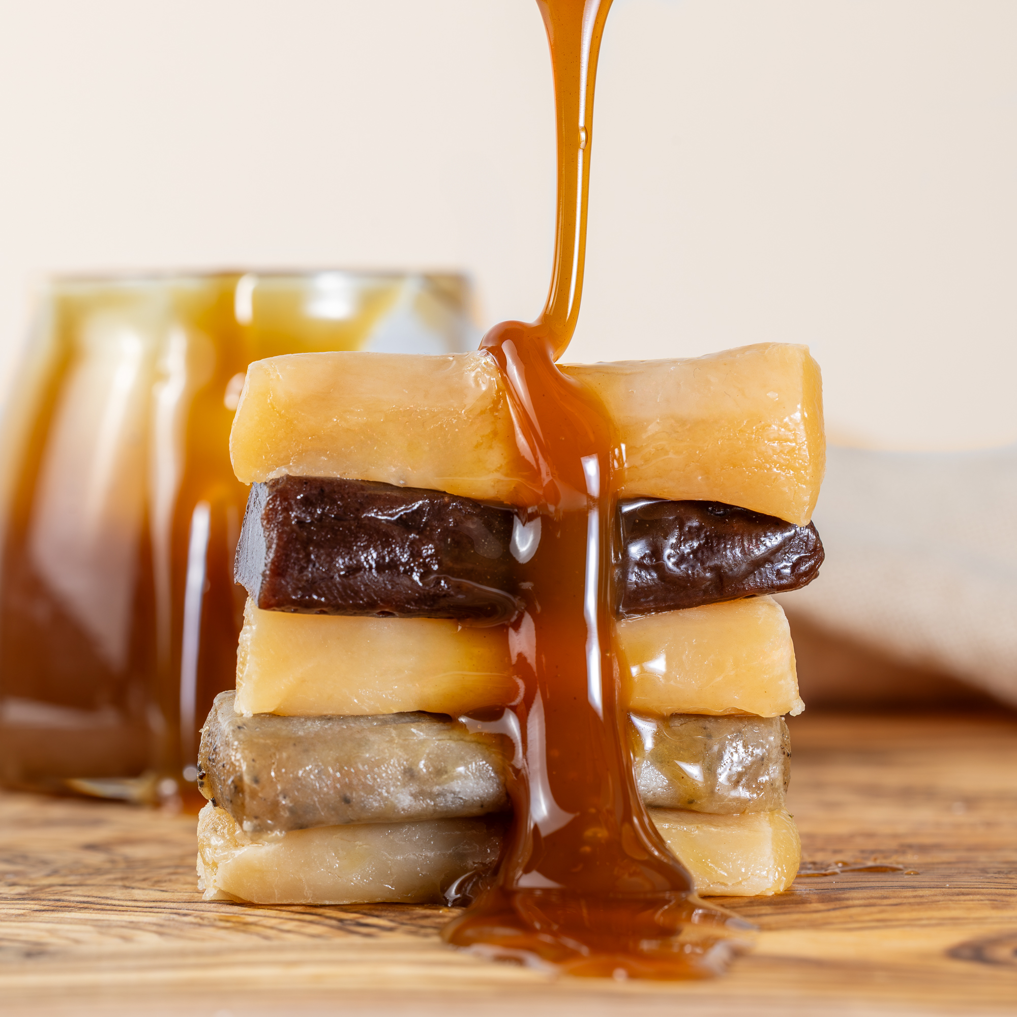 Emporio Dolcezza soft chewy caramels stacked with caramel drizzle